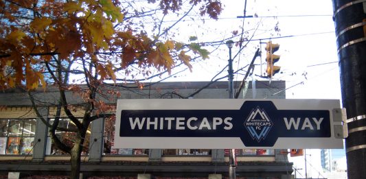 “Whitecaps Way” sign at Robson st. and Granville st. in Vancouver