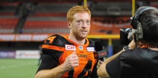 QB Lulay of BC Lions at the interview after the game. July 21, 2017, at BC Place, Vancouver, BC. Photo by ©Preston Yip