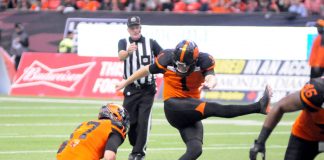 Kicker Long of BC Lions kicked four field goals against Toronto Argonauts on Oct 6, 2018 at BC Place, Vancouver British Columbia; Photo by ©Preston Yip